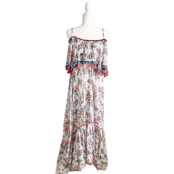 Anjuna Off Shoulder Floral Maxi Dress NEW White Multicolor Size Medium - Picture 2 of 8